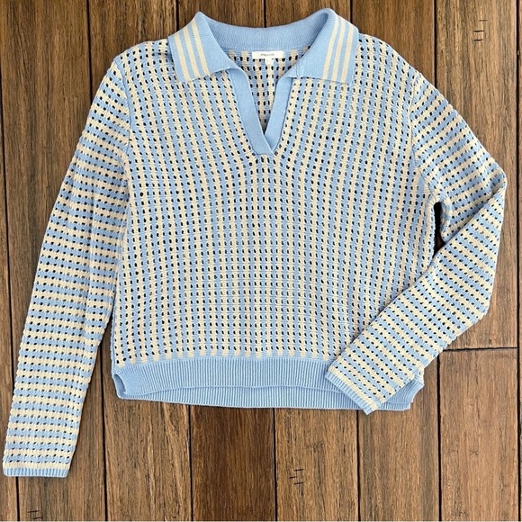 Maurices 100% Cotton Open Knit Sweater Striped Blue Preppy Coastal Grandma Large - Picture 2 of 8